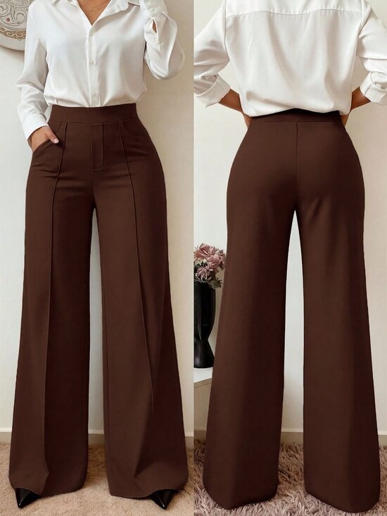 Pants - Brown Elegant Women's Regular Fit Elastic Waist Pocket Wide Leg Pants